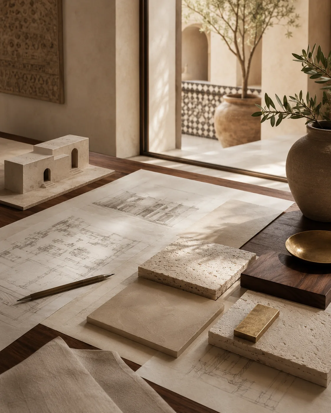 Bureau marocain contemporain avec bois naturel et lumiere laterale.