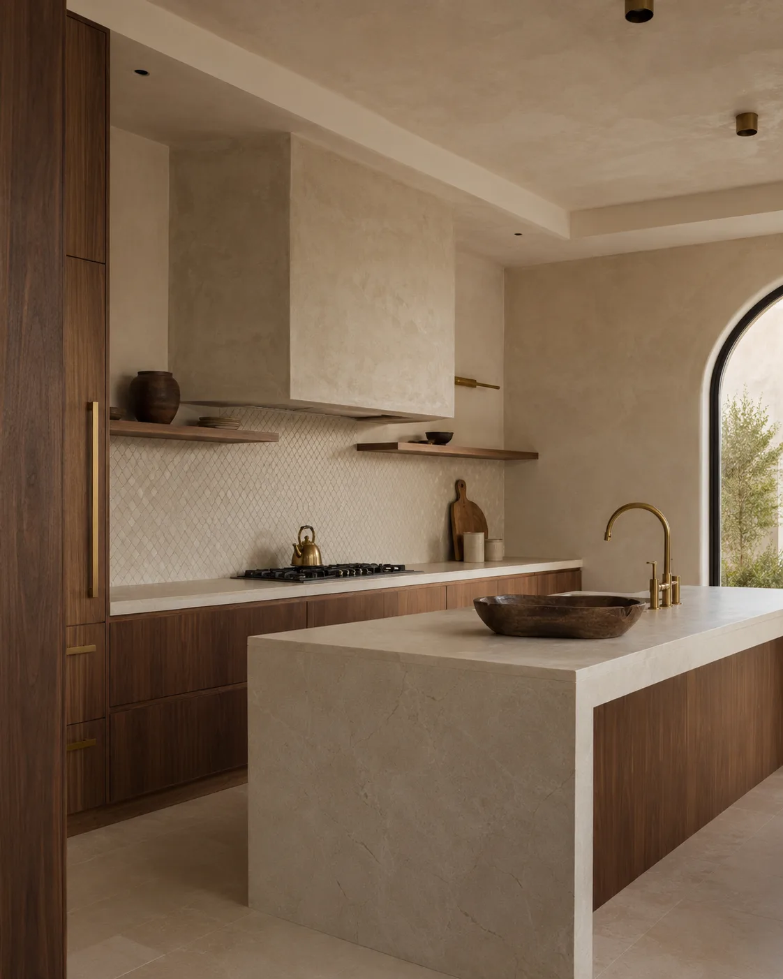 Cuisine moderne aux tons neutres adaptee a une villa au Maroc.