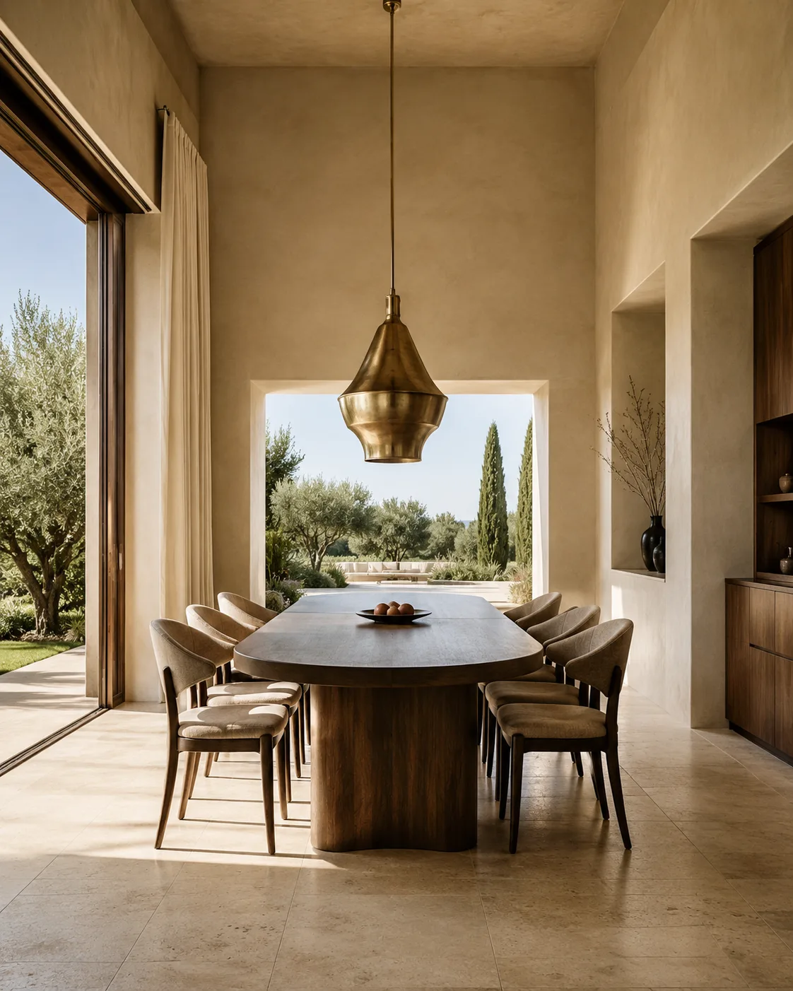 A stylish dining room with six chairs and an expansive horizon view.