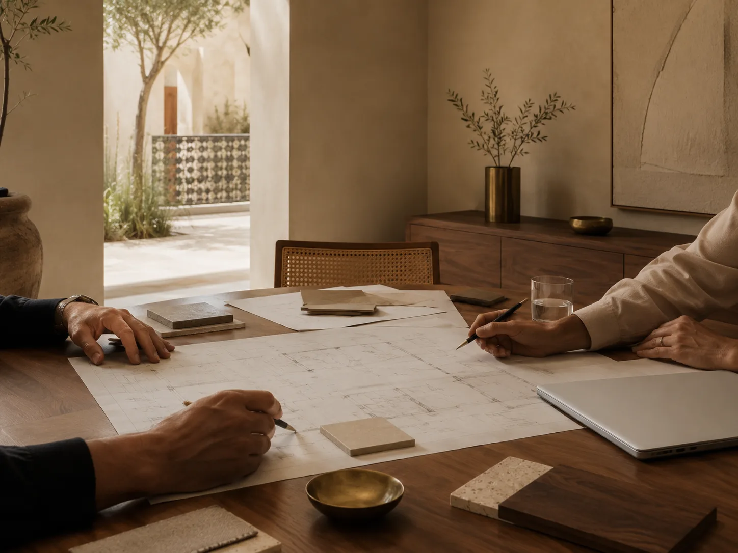 Two people seated in a bright, minimalist room.
